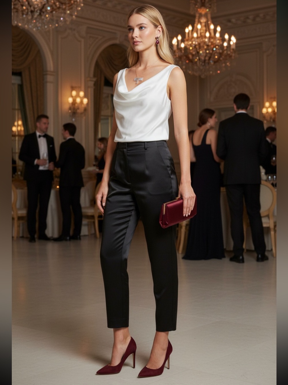 TCEC White Satin Cowl Neck Blouse
